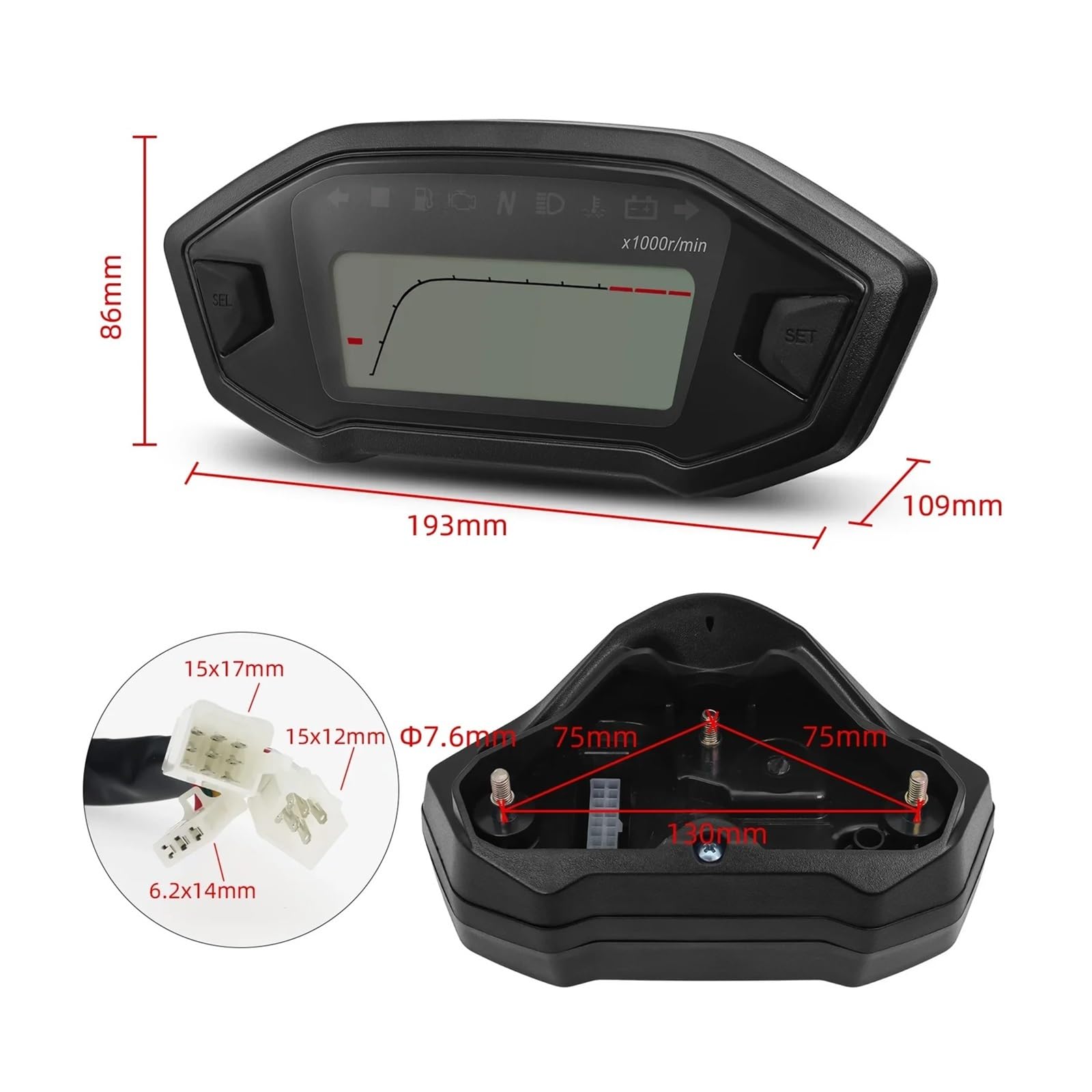 Contachilometri universale Pannello digitale universale per moto, display con tachimetro, contachilometri, livello carburante, temperatura acqua, per 2,4 cilindri