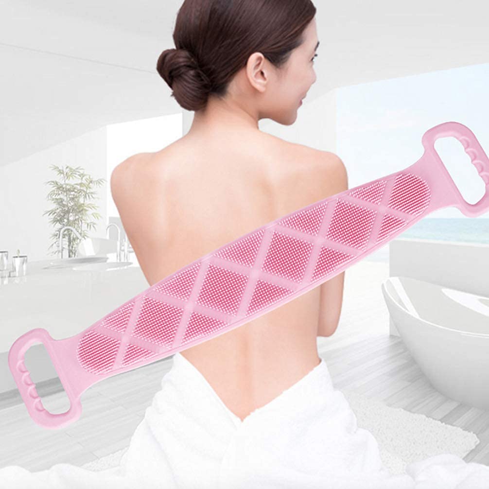 Cabilock Silicone Bath Body Brush Long Exfoliating Back Scrubber Massaging Towel Shower Strip Portable Wash Bar for Dead Skin Remover (Pink)