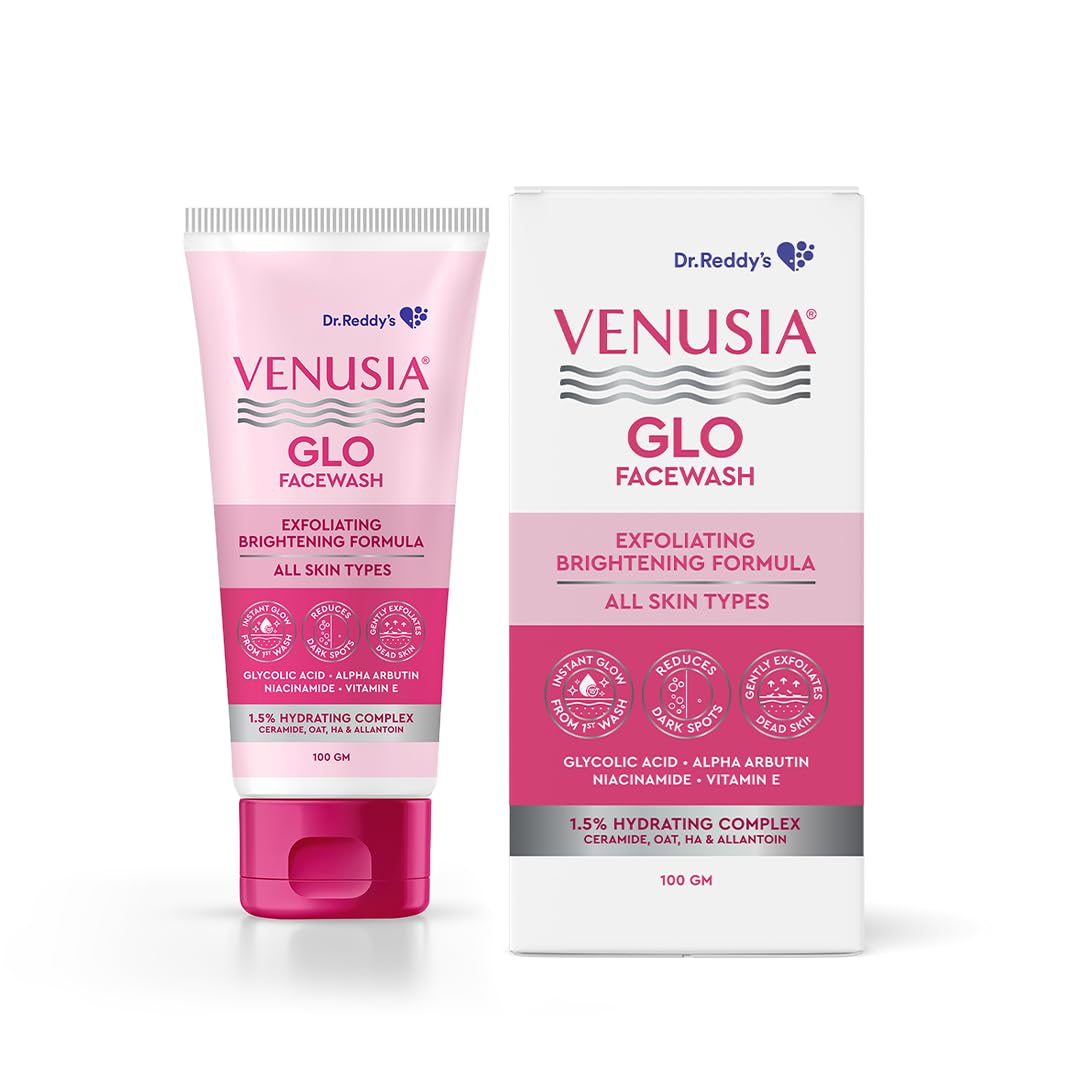 Dr. Reddy's Venusia Glo Facewash | Exfoliating & Brightening Formula | Reduces Dark Spots & Gives Instant Glow from 1st wash | Enriched with Glycolic Acid, Alpha Arbutin, Niacinamide, Vitamin E, Ceramides - Oats - HA complex | All Skin Type | 100g-image-13