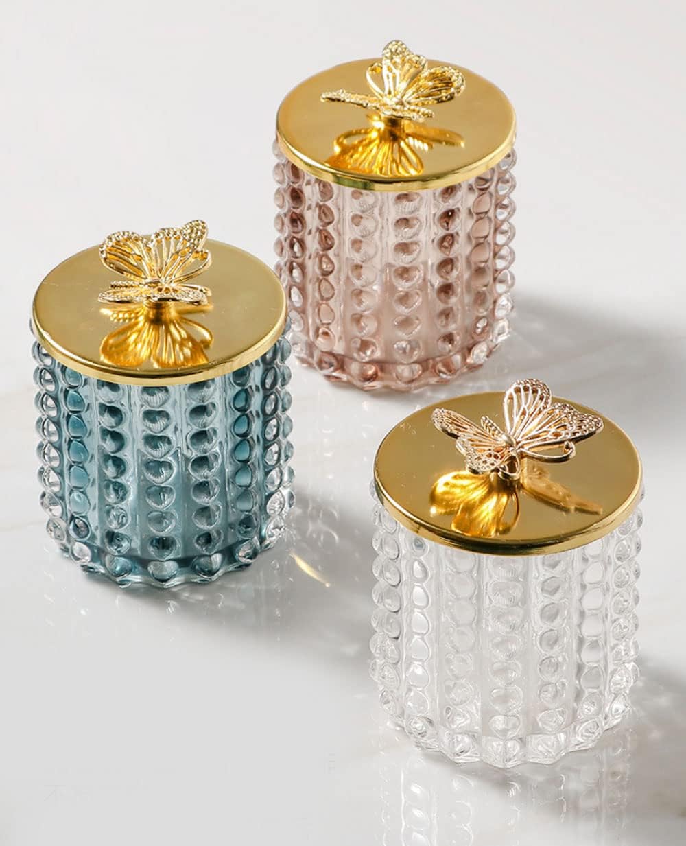 Polka Dot Clear Glass Storage Jar Candy Jar Jewelry Box Swab Box with Gold Butterfly Lid