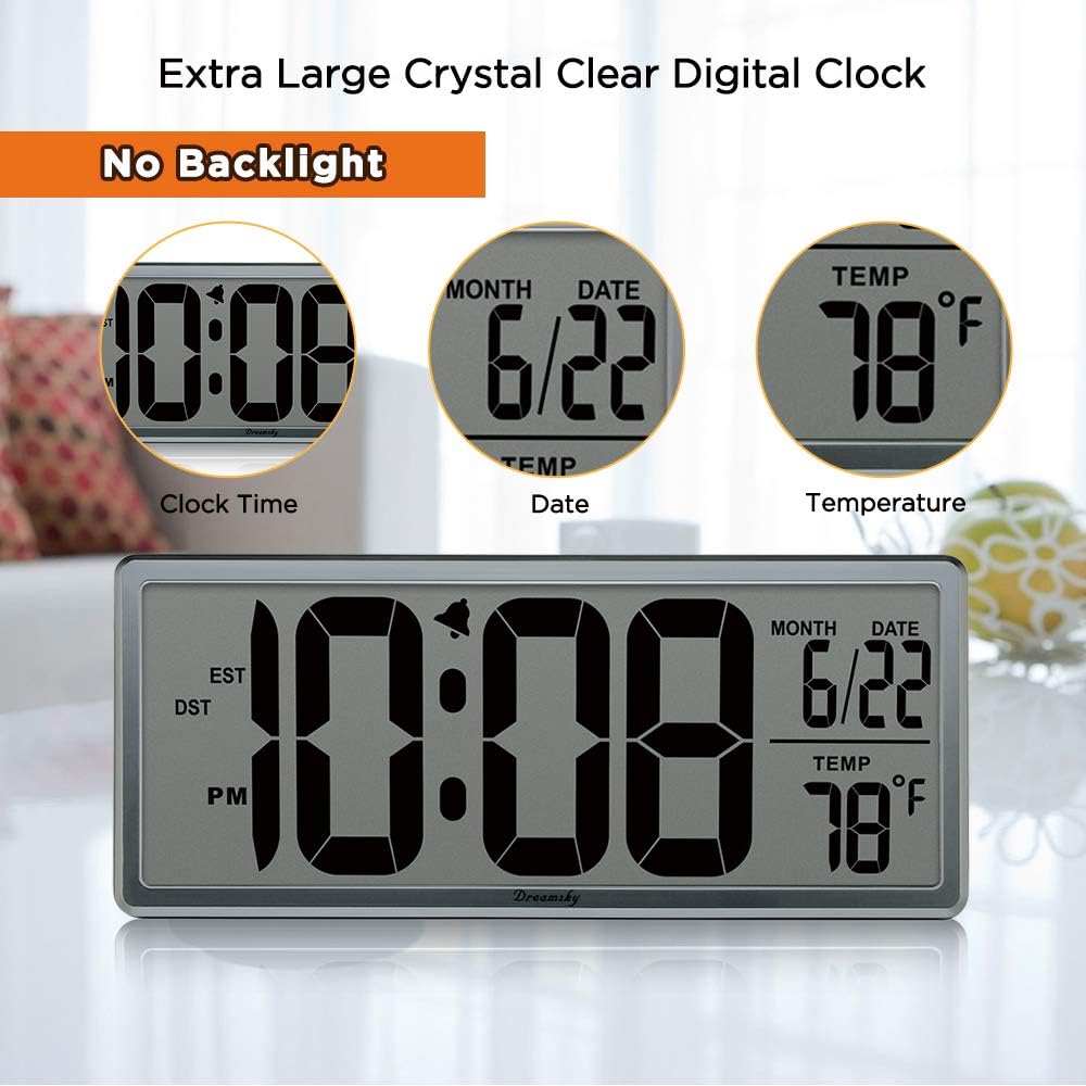 DreamSky Extra Large Digital Wall Clock Battery Operated, 13.7 inch Auto Set Alarm Clock with Date Temperature Display, Battery Wall Clock Office Clock Desk Clock Auto DST Setting Gym