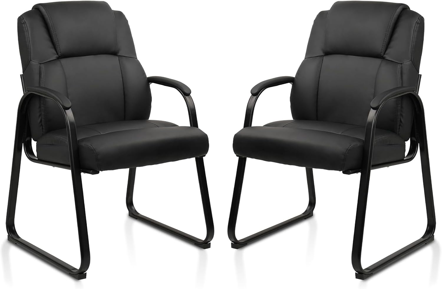 CLATINA Leather Reception Guest Chair with Sled Base, Office Stationary Armchair with Padded Armrests for Meeting Conference Waiting Room Lobby School, Black, 2 Pack