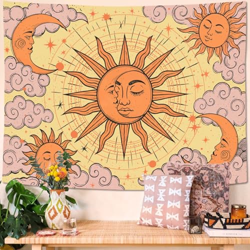 Kanuyee Sun Moon Tapestry Celestial Wall Art Tapestries Boho Hippie Room Decor Aesthetic Wall Hanging for Bedroom Dorm Living Room Mystical Cosmic Art 60x44 Inch