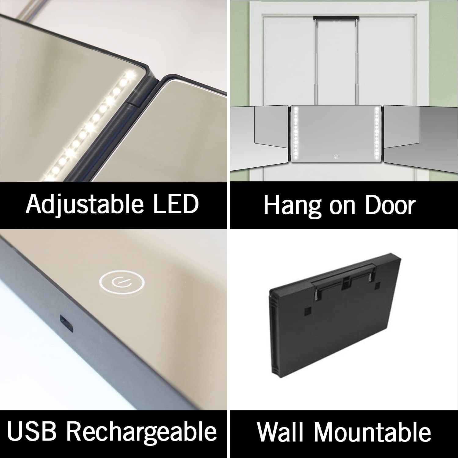 3 Way Mirror for Hair Cutting - 360° Self Haircut Mirror for Men with Lights, Rechargeable Three Sided Trifold Barber Mirror Self Cut with Height Adjustable Telescoping Hooks, for Haircuts, Shaving : Beauty & Personal Care