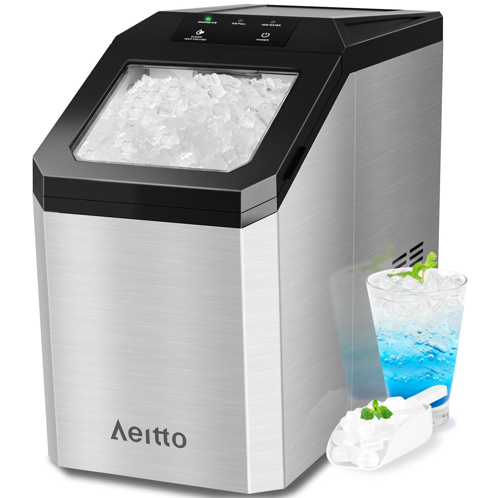 Aeitto Nugget Ice Maker Countertop, 55lbs/24H Ice Machine with 3.6L Water Tank&3.2Lbs Ice Basket, Self-Cleaning Pebble Ice Maker with Stainless Steel Housing for Home Office and Party, Silver