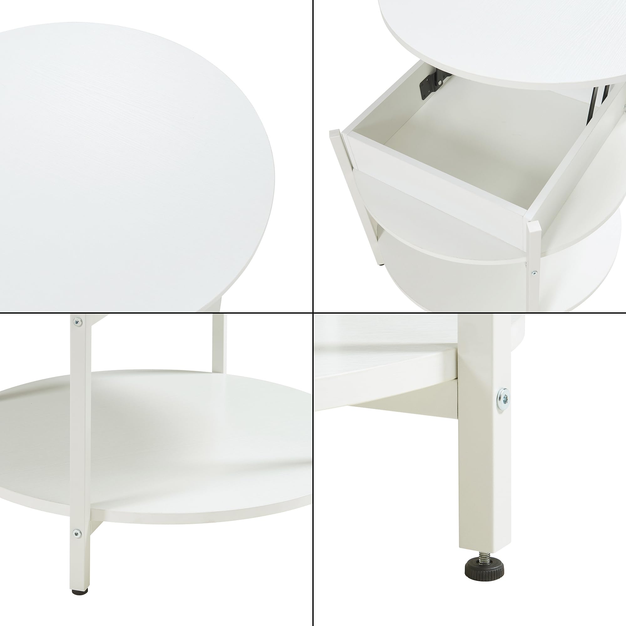[en.casa] Couchtisch mit Hebeplatte rund Kandas Wohnzimmertisch mit Stauraum Ø70 x 49 cm Kleiner Tisch erhöhbar mit Metallgestell in Weiß