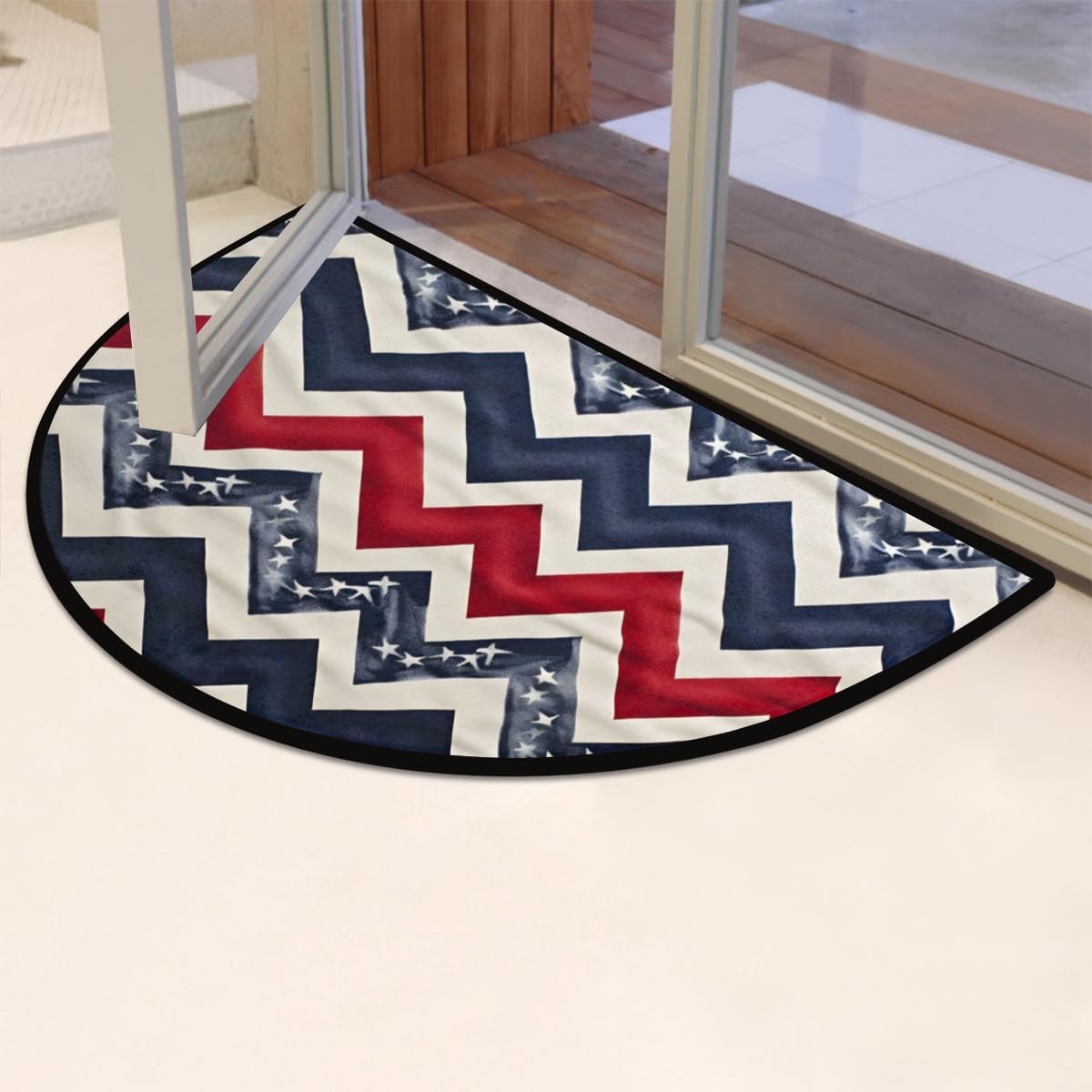 American Flag Wavys Pattern Half Round Door Mat Indoor Entrance Half Moon Rug Area Rug Low Pile Non Slip Absorbent Semi Circle Welcome Mats for Kitchen Patio Home Decoration 36x24 Inch
