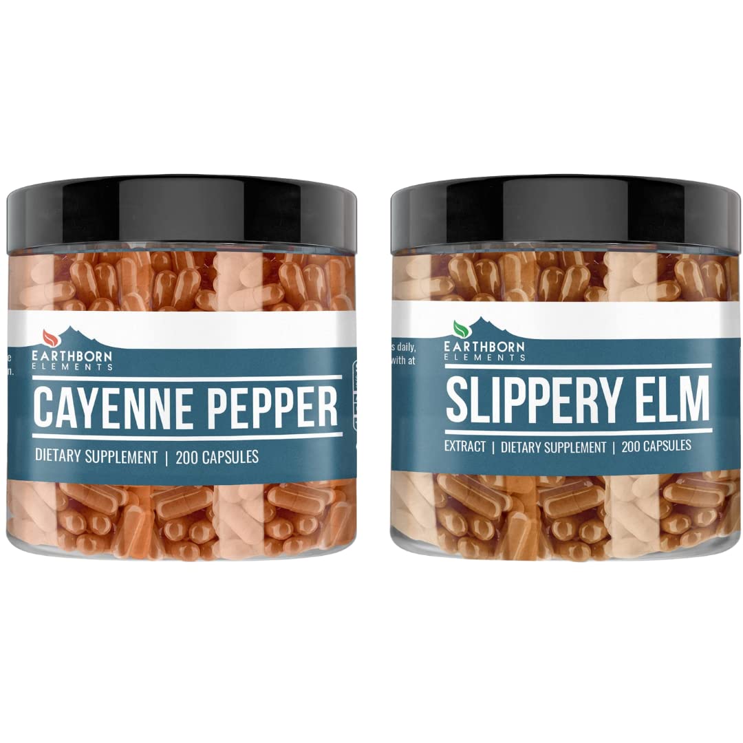 Earthborn Elements Cayenne Pepper & Slippery Elm Bundle (200 Capsules Each) Pure & Undiluted, No Additives