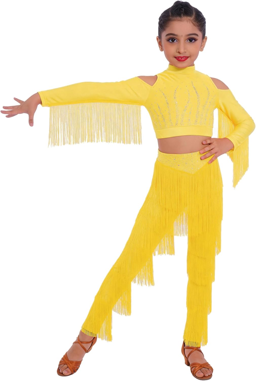 Shinsto Kids Girls 2 Piece Latin Ballroom Dance Outfits Tassel Crop Tops with Fringe Pants Set Dancewear Yellow 6 Years