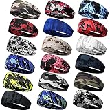 Wavyknot 18 Pcs Sports Sweatbands for Men Women Camo Headbands Workout Non Slip Headbands Breathable Head Band Fitness Stretchy Unisex Hairband for Yoga Running Cycling Ball (Vibrant Colors, Stylish)