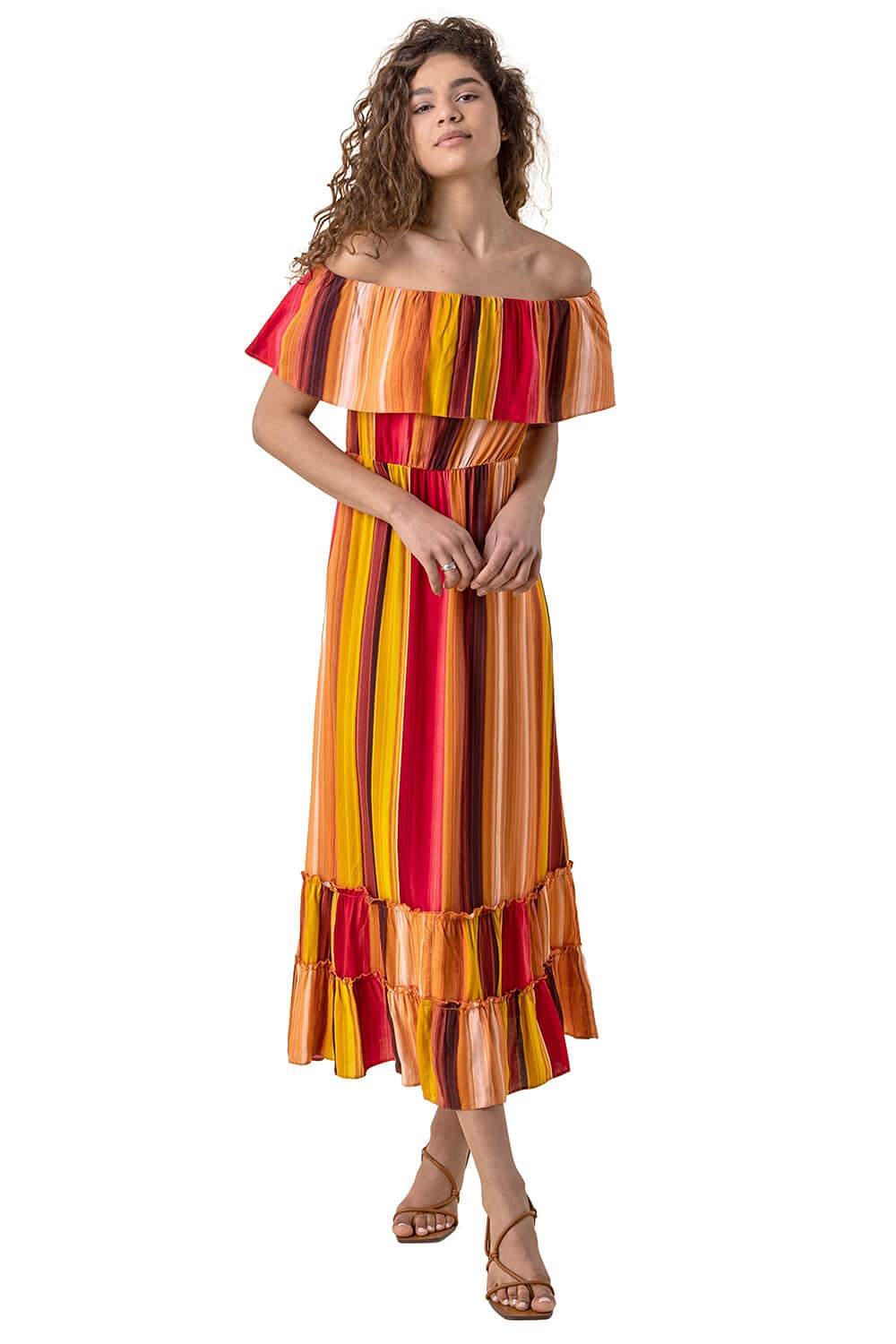 Womens Striped Ruffle Bardot Maxi Dress - Ladies Casual Everyday Short Sleeve Long Off The Shoulder Spring Summer Frilled Maxi