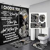 MrLYouth 4PCS African King and Queen Shower Curtain Sets with Rugs African American Couple Bathroom Sets with Waterproof Bath Curtains I Choose You Shower Curtains with 12 Hooks Bath Mat 71x71inch