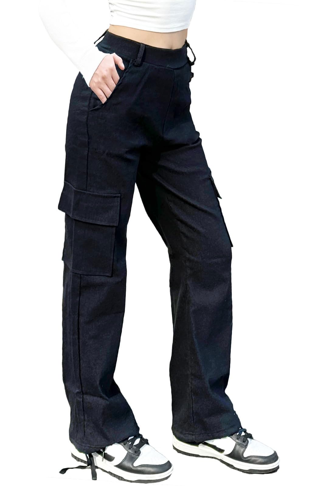 Nuofengkudu Rectos Pantalones Cargo Mujer Puños Ajustables 4 Bolsillos Pantalon Elasticos Cintura Alta Deportiva Trabajo Largos Y2K Adolescentes Goticos Punk Casual Moda