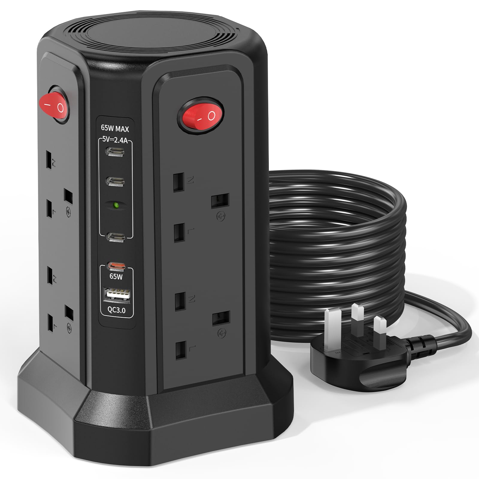 Tower Extension Lead 3M with USB Slots and PD 65W USB C Fast Charger, 5 USB Ports (4C1A) and 8 Way Surge Protected Extension Tower with Individula Switches, Extension Cable for Home, Office, Black — image 1