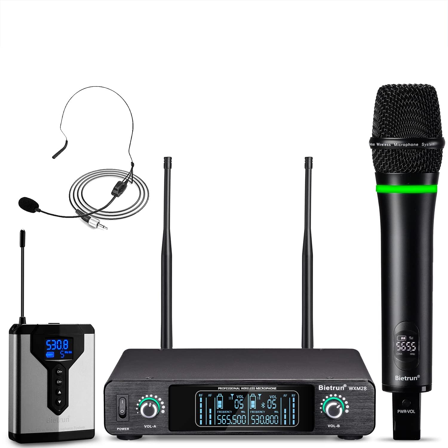 Rechargeable Wireless Microphone System with Bluetooth, Bietrun Pro Dual Channel Cordless Mic Set with Handheld Mic/Bodypack Headset Mic, Auto Connect, Plug＆Play, 160ft Coverage, for Church, Speech