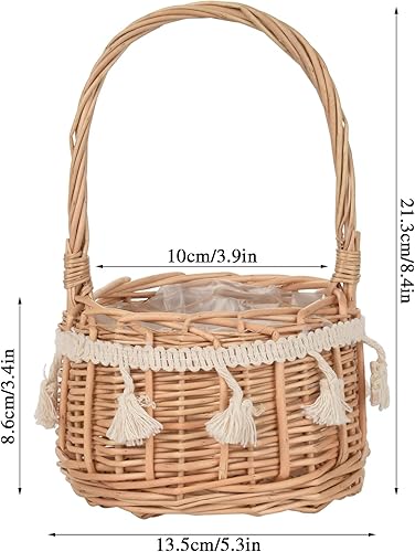 Miniatura 4 de MODUDY Paquete de 2 canastas para niña de flores, ramo de flores, pétalos de seda, cinta blanca para boda, cesta de almacenamiento tejida con asa,