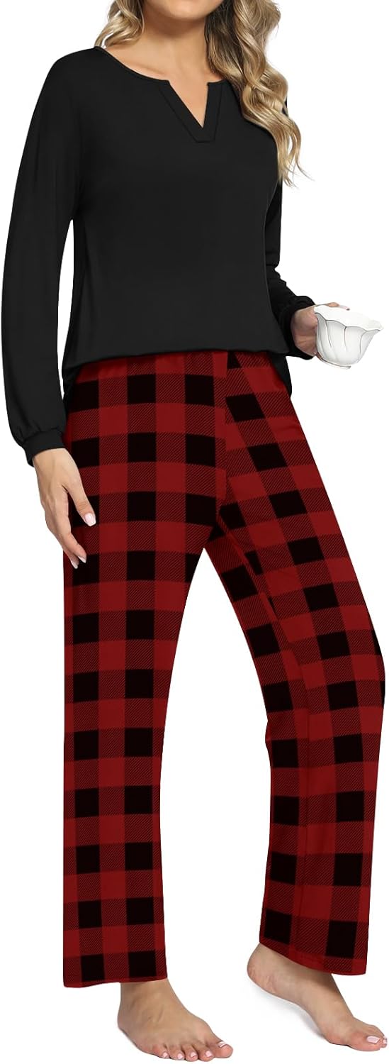 Anyally Women's Plus Size Pajama Sets Ladies Fall Pjs 2 Pieces Lounge Outfits V Neck Long Sleeves Sleepwear with Pockets - Image 3