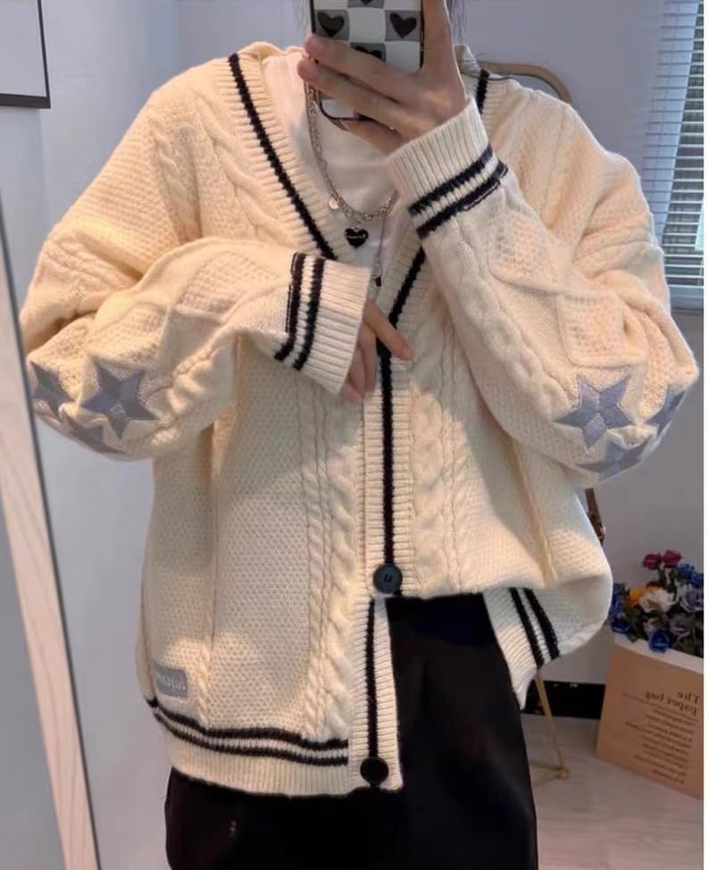 Women's Cardigan Star Embroidery Knit Open Front Cardigan V Neck Long Sleeve Oversized Button Sweater Coat Outwear - Image 5