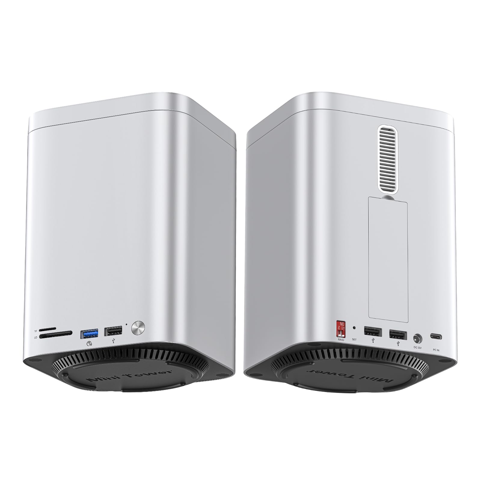 ORICO MiniTower Carcasa RAID de dos bahías con estación de acoplamiento hasta 56TB, HDD SATA de 2,5/3,5 pulgadas*2 / SSD NVMe*1, carcasa de aluminio, Hub USB C de 10Gbps para Mac mini, MacBook, Macs