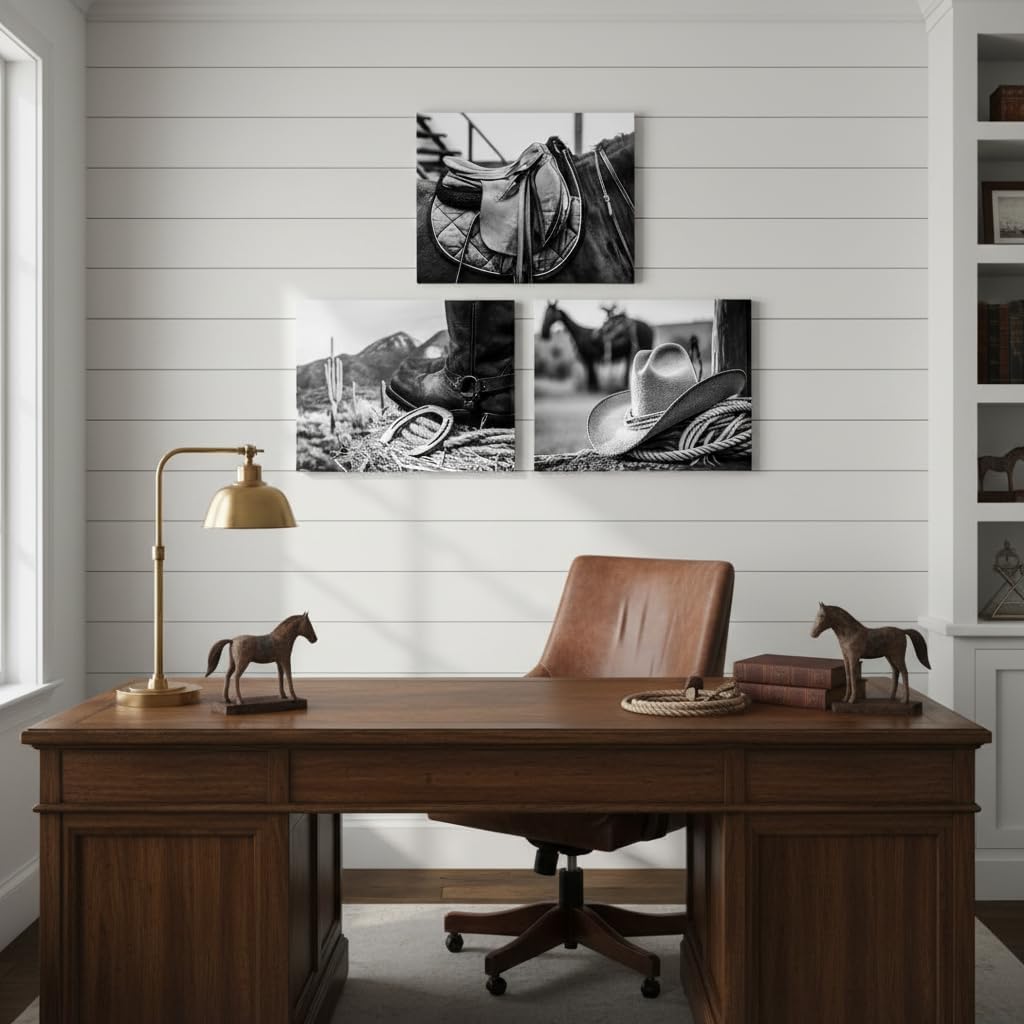 OuElegent 3 Pieces Black and White Cowboy Canvas Prints American West Rodeo Wall Art Painting Rope Stetson Hat Horse Saddle Picture Prints for Office Home Decor Framed (grey, small)