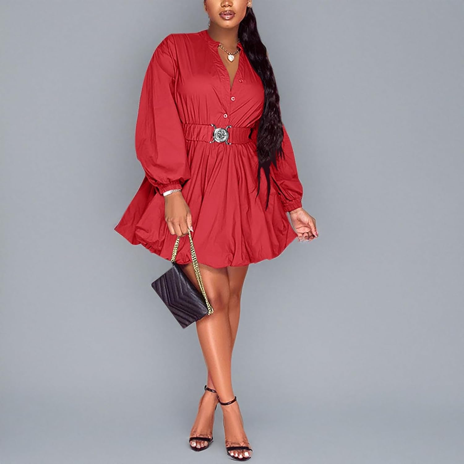 Uni Clau Womens Button Down Shirt Dress Long Sleeve A-Line Casual Puffy Short Mini Dress with Belt - Image 6