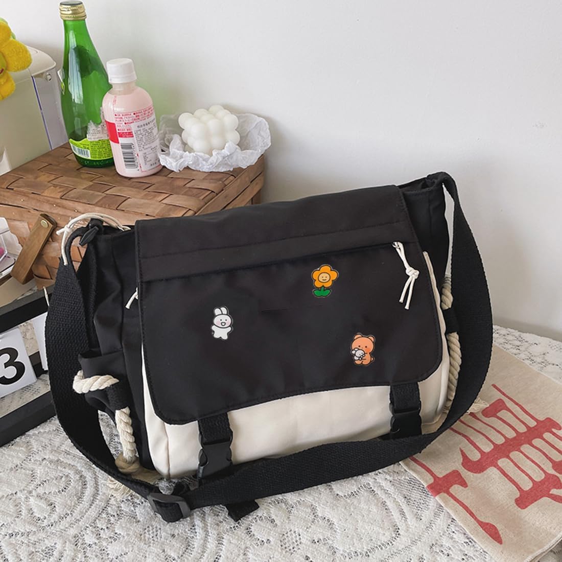 Cute Messenger Bag for Teen Girls Women, Kawaii Crossbody Shoulder Purse with Pins and Stuffed Pendant Gift - Image 8