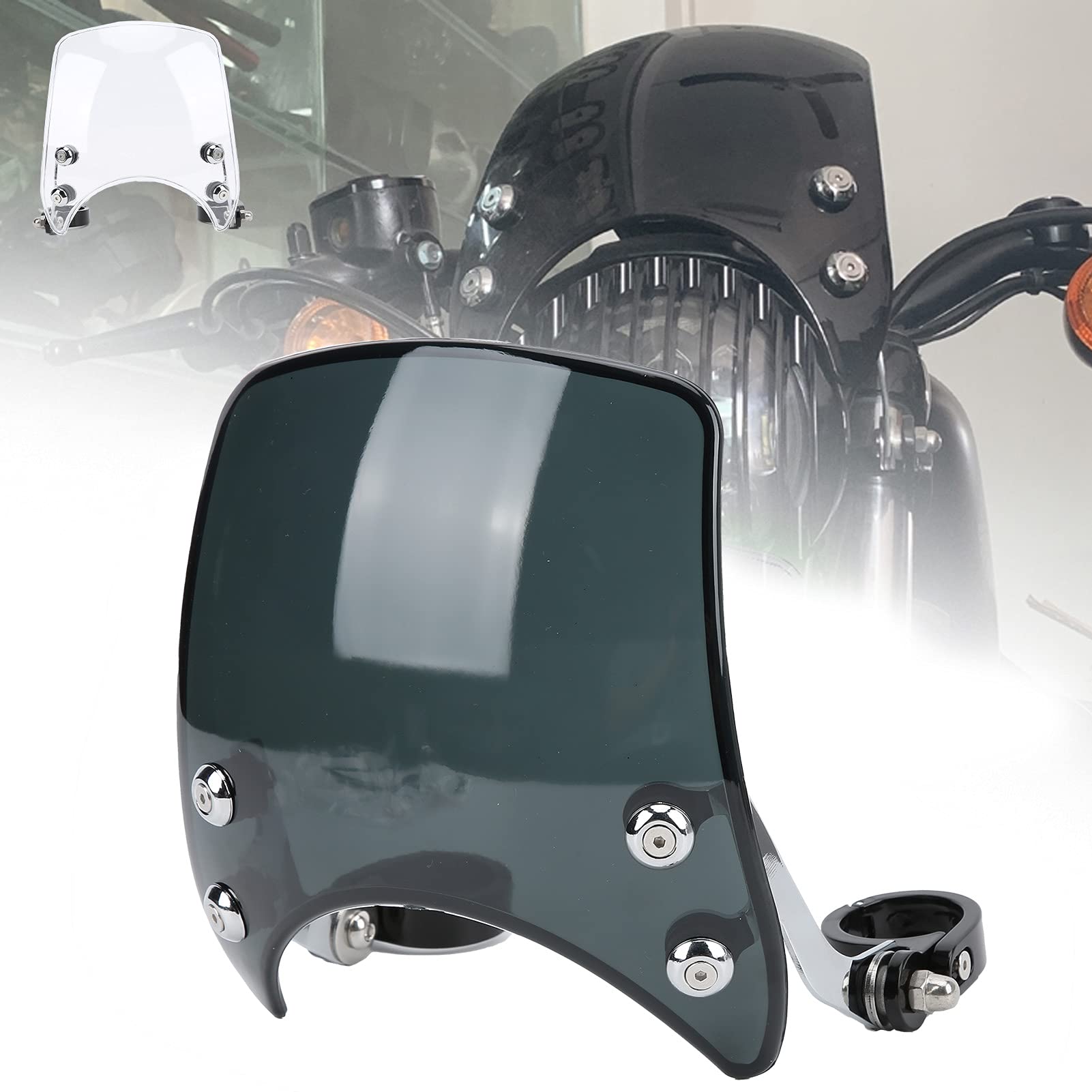 KIMISS Parabrezza per Moto, Parabrezza per Deflettore del Vento Cupolino Regolabile a 180° Universale per Forcella Anteriore da 1,5-1,6 Pollici (acrilico)(nero)