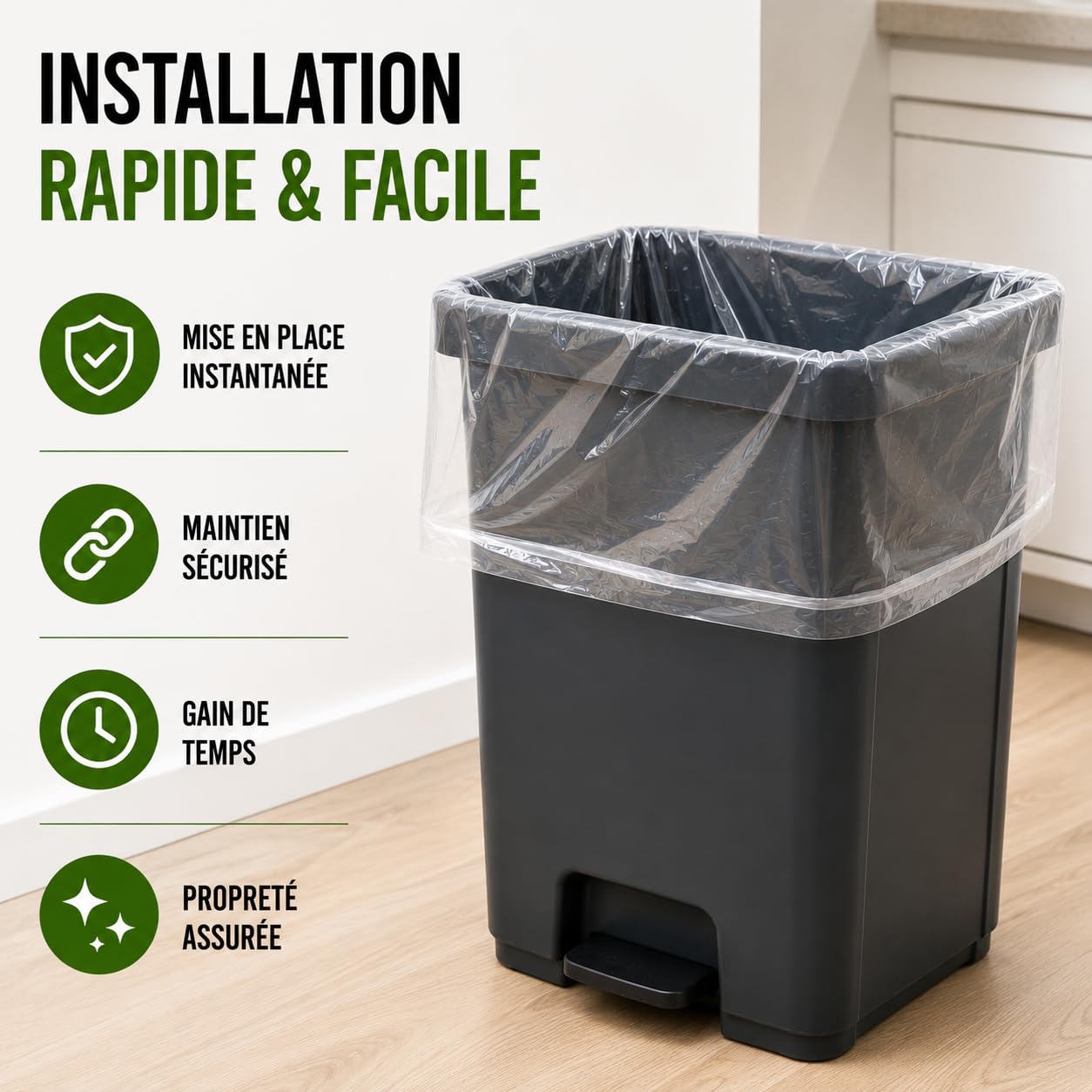 Sacco per la spazzatura trasparente, 160 litri, 50 sacchetti per la spazzatura 160 l, molto resistente (30 µ), per bidoni contenitore 2 ruote, triciclo selettivo rifiuti, protezione anti-perdite, anti