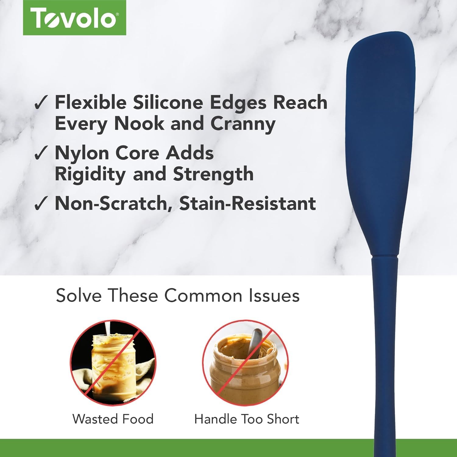 Tovolo Silicone Jar Spatula Long Handled Rubber Scraping Scooping Tool for Peanut Butter Jam Jelly Jars Blenders, Extra Long Flex Core Silicone Jar Scraper Dishwasher Safe BPA Free, Deep Indigo