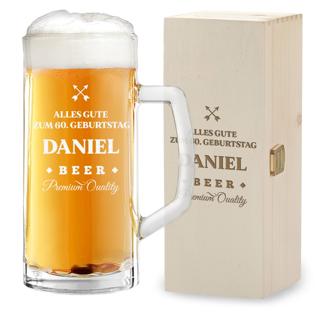 polar-effekt 2-TLG Bierkrug 0,5 L + Holzbox Set mit Gravur Geschenk für Männer - ideal zum Geburtstag und Jubiläum - 1x Kiste aus Holz - 1x Bierglas 500 ml - Geschenkidee für Papa und Opa