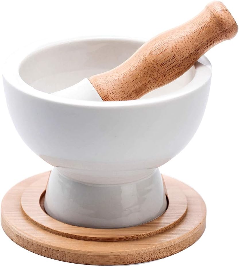 Porcelain Mortar and Pestle – Pill Crusher,Spice Grinder,Herb Bowl,Pesto Powder – Gift Ideal – with Anti-Slip Base and Grip – Molcajete for Seasoning,Paste and Guacamole.
