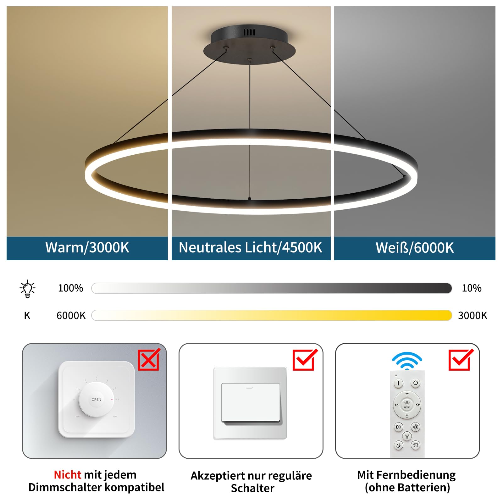 Mikeru 60CM LED Esstisch Pendelleuchte, Deckenleuchte Ringe Schwarz Dimmbar von 10% bis 100% 3000K/4500K/6000K Wohnzimmerleuchten mit Fernbedienung Hängeleuchte Rund für Wohnzimmer