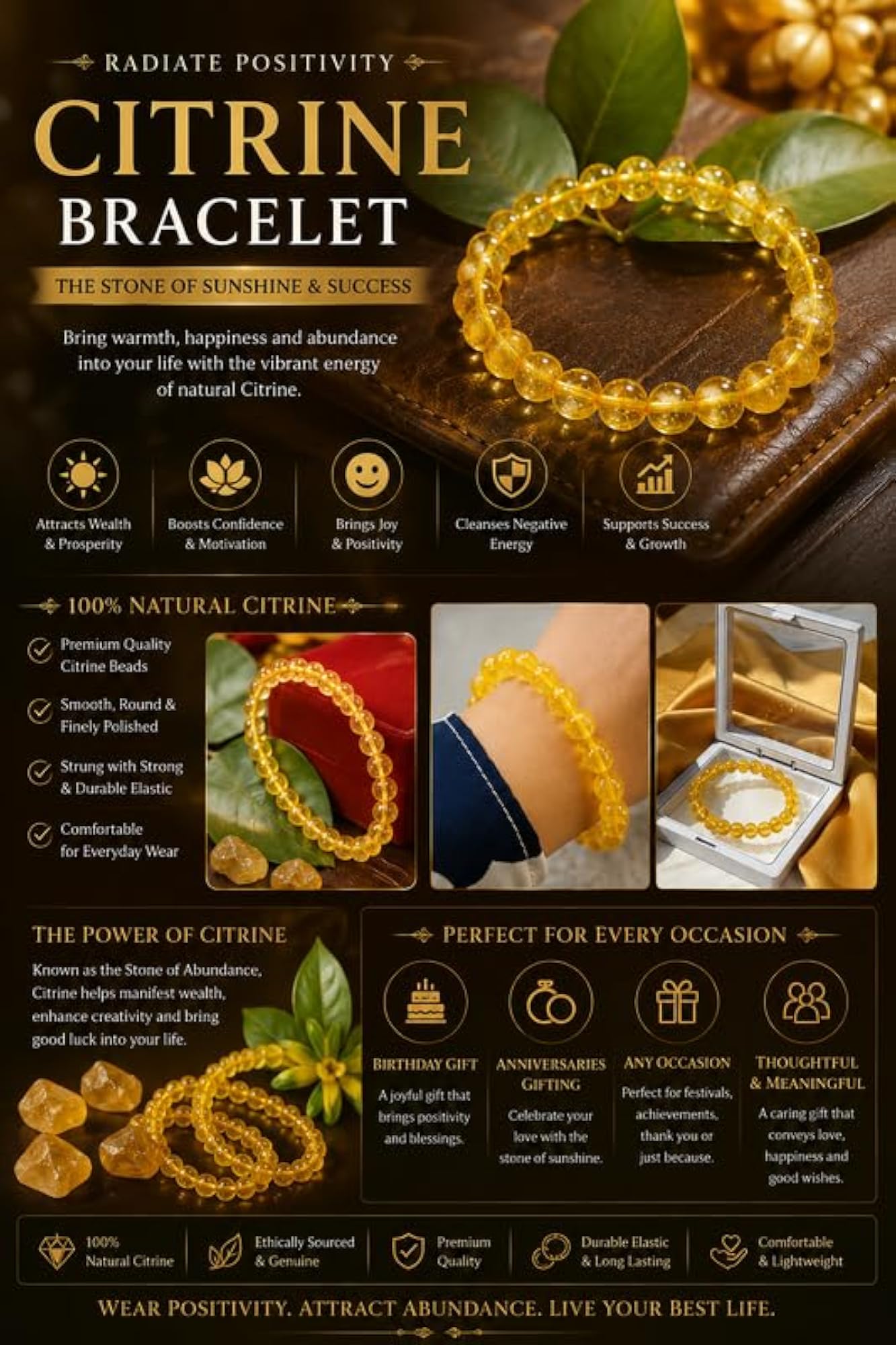Natural Citrine Handmade Elastic Bead Bracelet