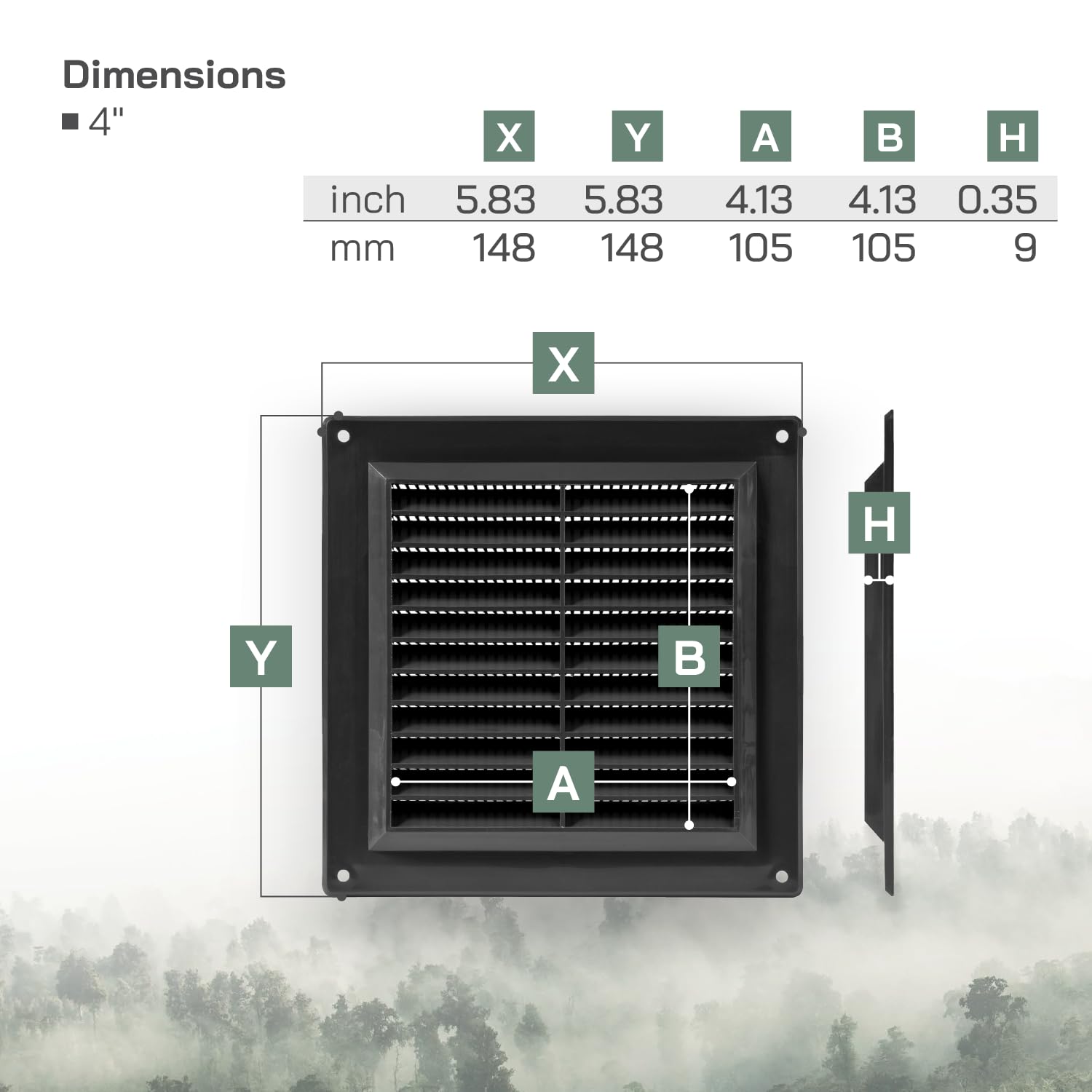 Vent Systems 150 x 150 mm / 6" x 6" Inch Black Square Plastic Air Vent Cover, Louvered Wall Grille with Mesh Screen Guard - Image 2