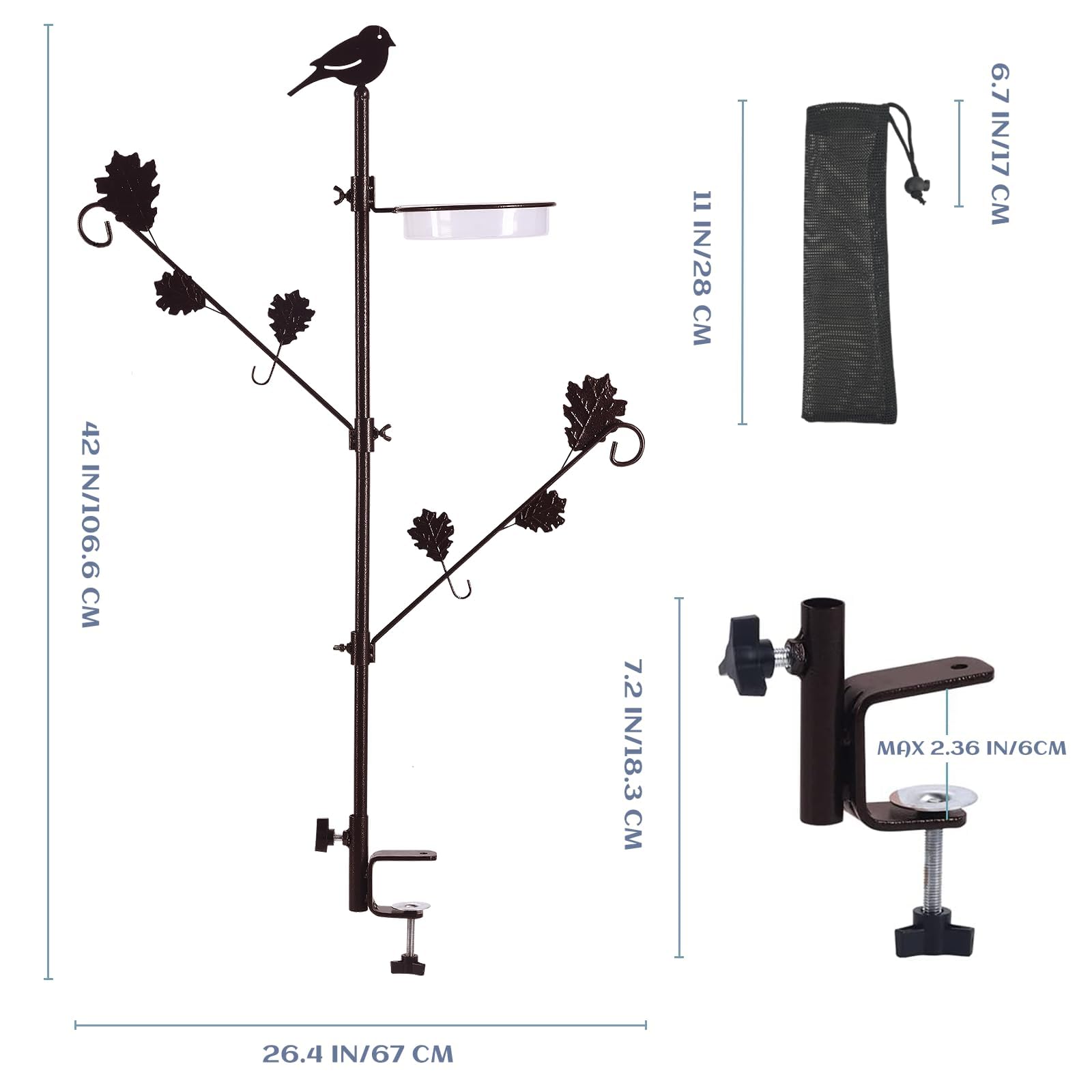 ERYTLLY 42 Zoll Deck Vogelfutterstation Kit, Wildvögel Vogelfutterstation für draußen hängende Pflanzen Halter Deck Pole Veranda Multi-Haken Vogelfutterstation mit Wasserschale für Balkon, Garten und