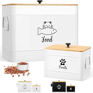 Extra Large Metal Cat Food Containers Airtight 12+3.5 lbs Cat Treat Snack Jars Set of 2 with Bamboo Lids and Spoons Farmhouse Big Pet Cookie Storage Jars for Kitchen Counter Gifts(White)