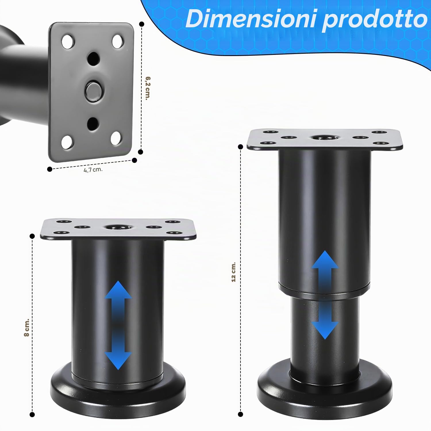4 Pezzi Piedini Regolabili per Mobili, 8-12cm Gambe per Mobili Nera Regolabili, Gambe per Mobili Piedini per Letto per Gambes di Mobilis su Armadi Tavoli e Divani Inclusi Viti(Nero)