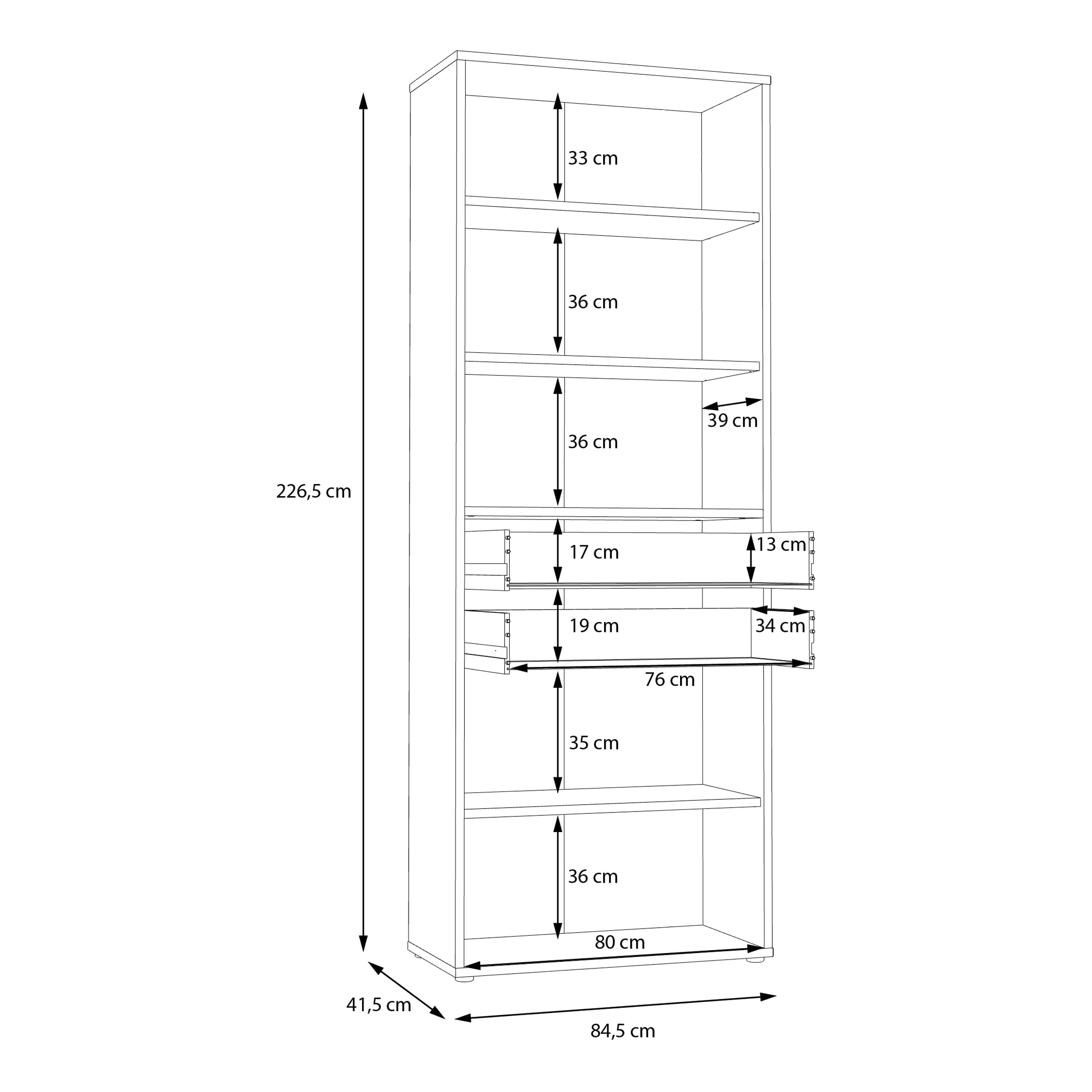 Forte KEFLAVIK Büroschrank 80 90, moderner Büroschrank mit 4 Türen und 2 Schubladen, Weiß|Artisan Eiche Holzdekor, 84,5 cm breit x 226,5 cm hoch x 41,5 cm tief