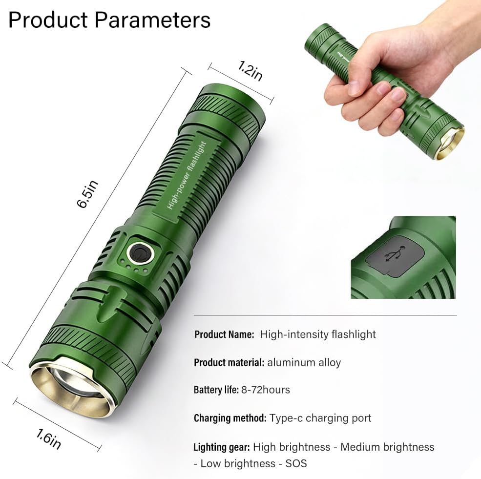 Rechargeable Flashlights 2000 High Lumen EDC Flashlight, Powerful Flashlight 5 Lighting Modes, Handheld Portable LED Flashlight for Home Emergency, Camping Adventure, Car Repair, Power Outage Relief