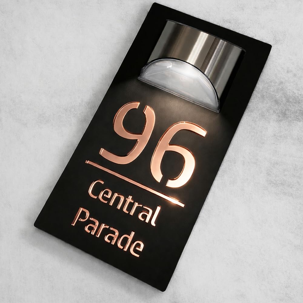House Numbers Plaques With Solar Light House Numbers Door Signs Personalised Door Number For Wall Name Outside (Black and Mirror Rose Gold)