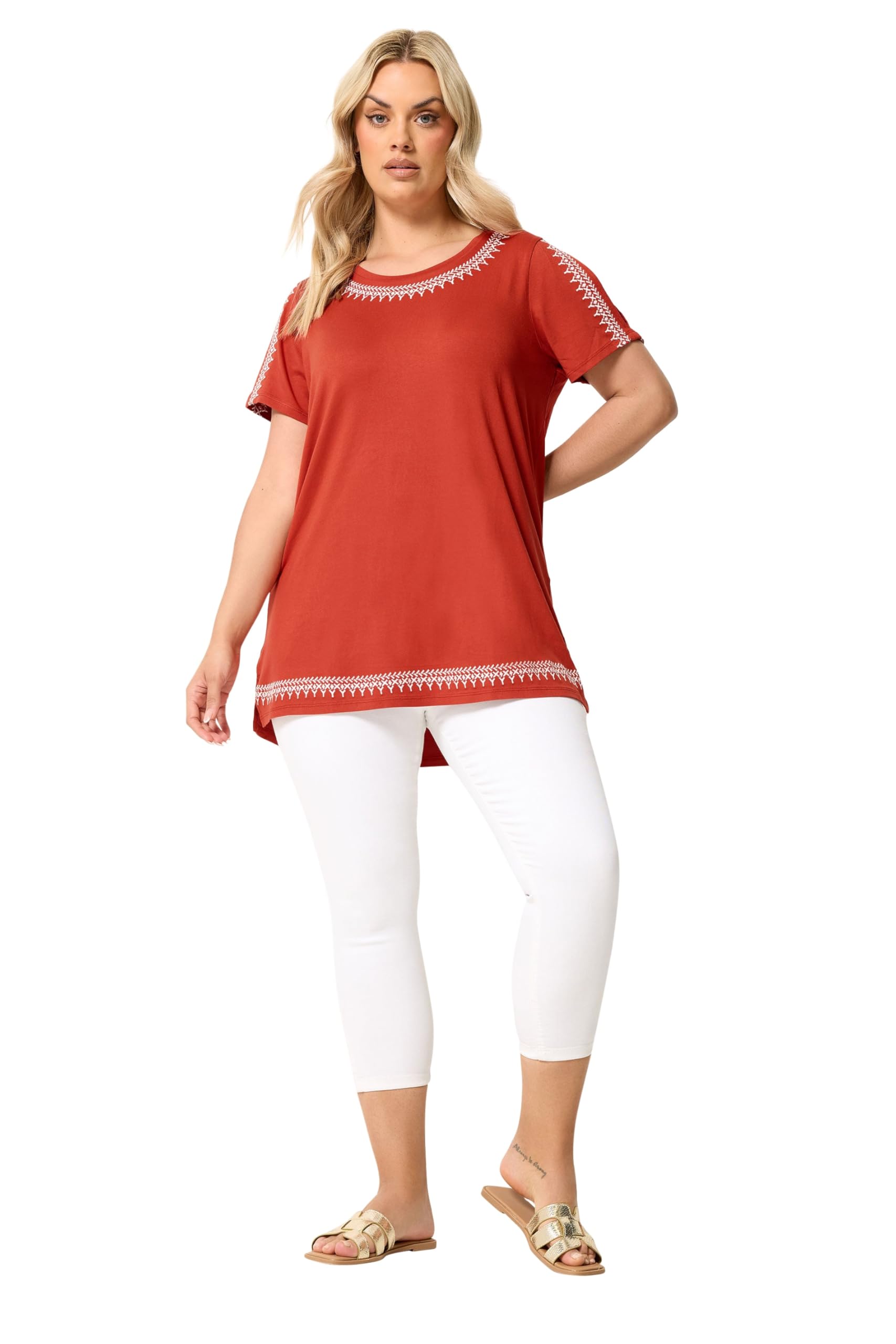 Yours Women's Burnt Orange Embroidered Cold Shoulder Top In | Size: 30/32