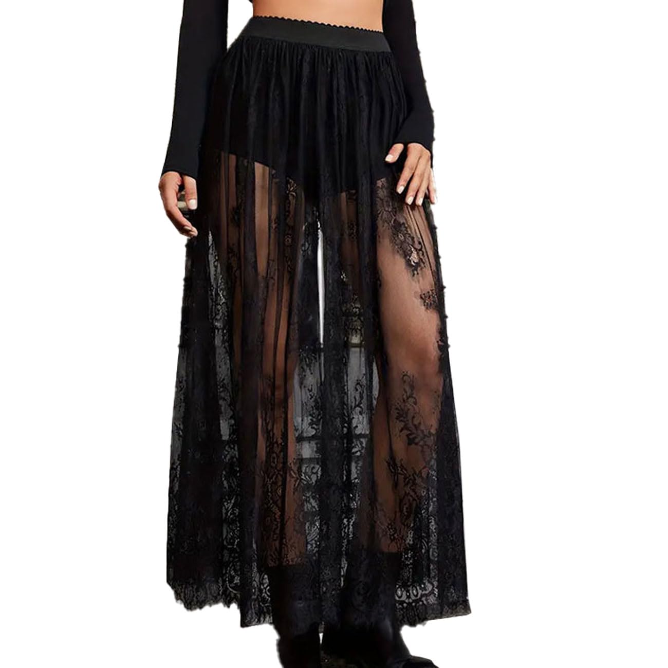 Falda Larga Semitransparente Encaje Mujer, Sexy 2 en 1, Malla Transparente, Cintura elástica línea A, Maxifalda Tul Debajo Pantalones Cortos, Ropa Festivales Salir, Negra, Tallas S