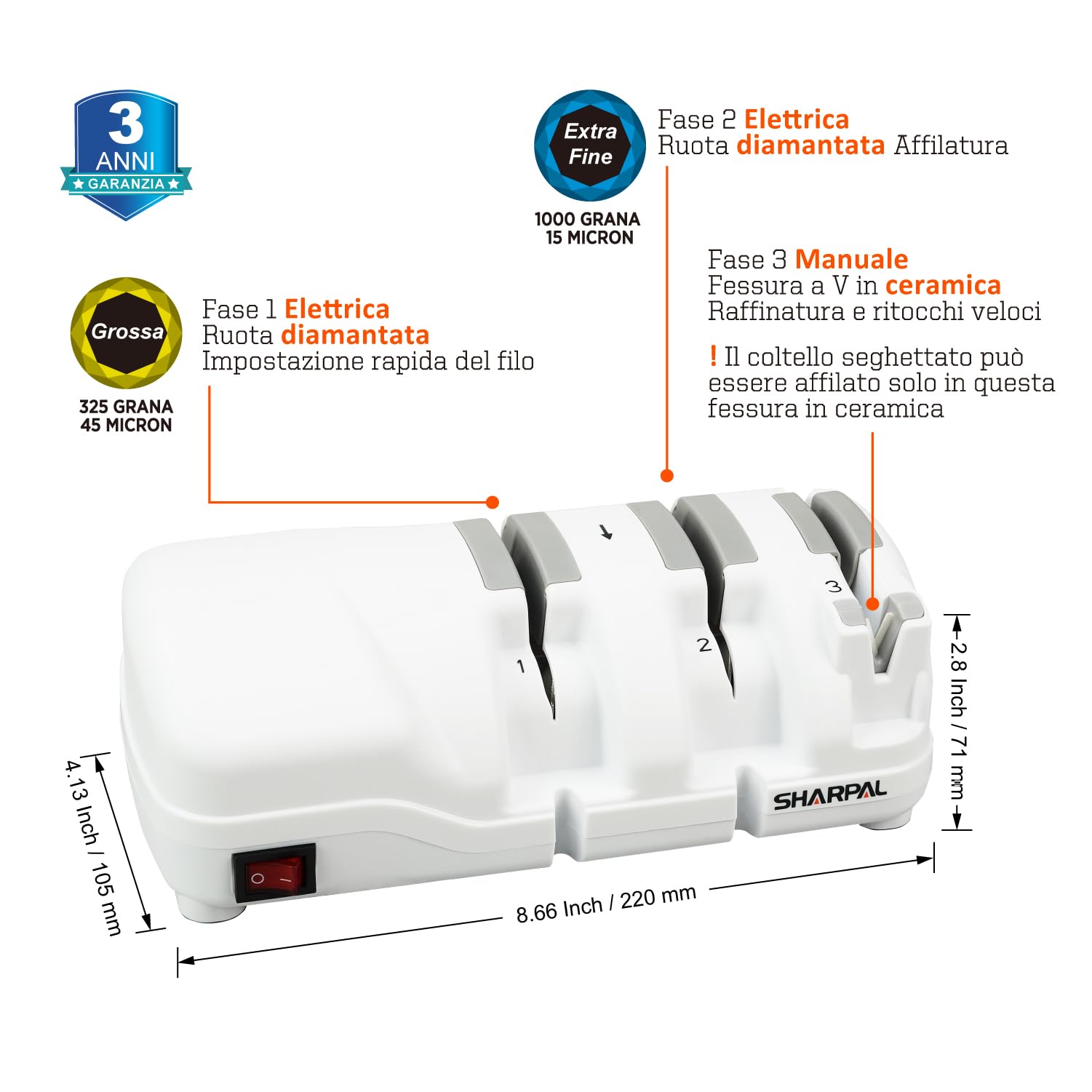 SHARPAL 198H Affilacoltelli elettrico - Sistema di affilatura a 3 stadi con diamante, adatto per coltelli a doppio taglio e seghettati, risultati veloci e affilati come rasoi, a basso rumore