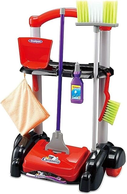 Delex Cleaning Trolley Toy Set for Kids Role Play Housekeeping Cart Trolley on wheels Playset Toy with Cleaning Tools