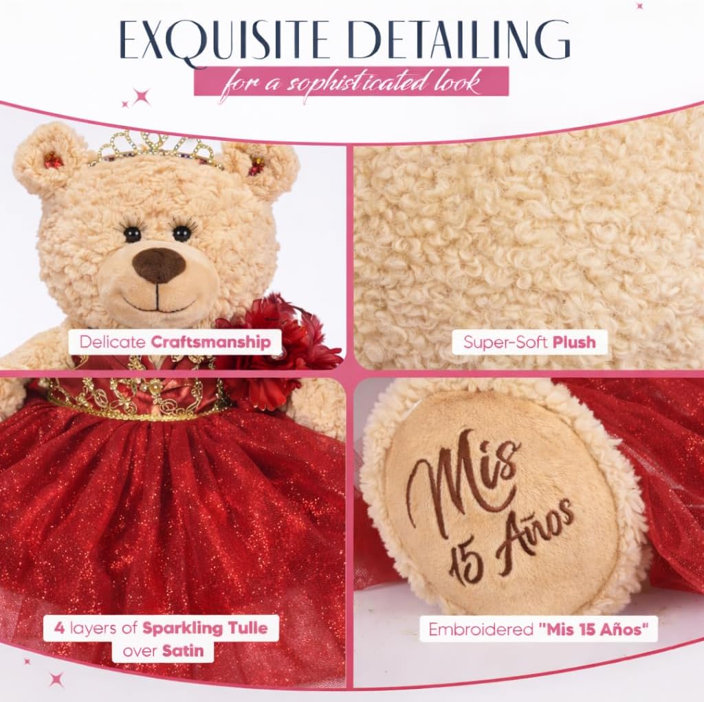 KINNEX COLLECTIONS SINCE 1997 Large 20” Quinceañera Teddy Bear Centerpiece – Elegant Dress, Oversized Keepsake Gift for 15 Años, OSO Quinceañera Decoración B16632-7G (Burgundy - Gold Trim)