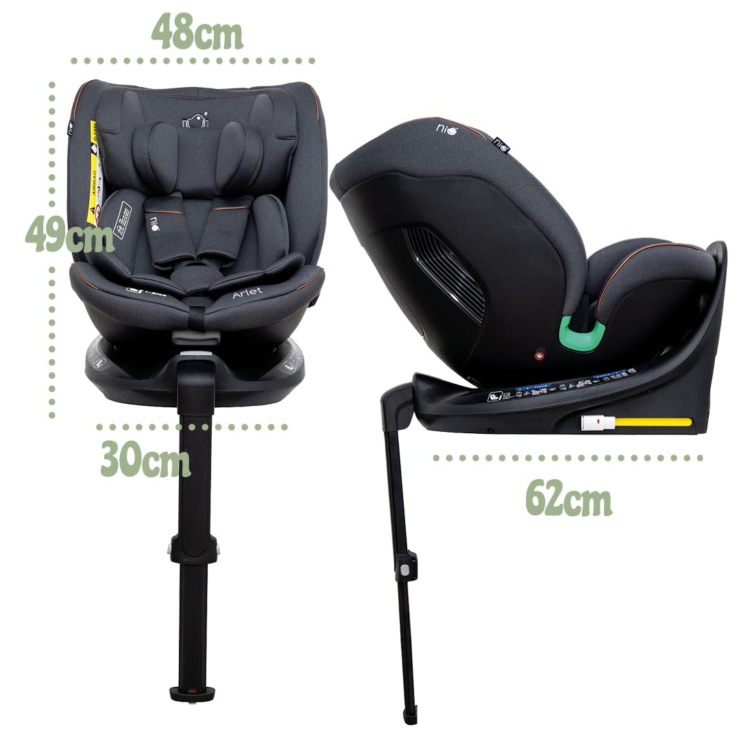 Olmitos – Silla Auto ARLET i-Size, Silla Coche 360 evolutiva de 40-150cm, Silla con ISOFIX, Ajustable y reclinable protección lateral – reductor recién nacido y arnes seguridad (Negro)