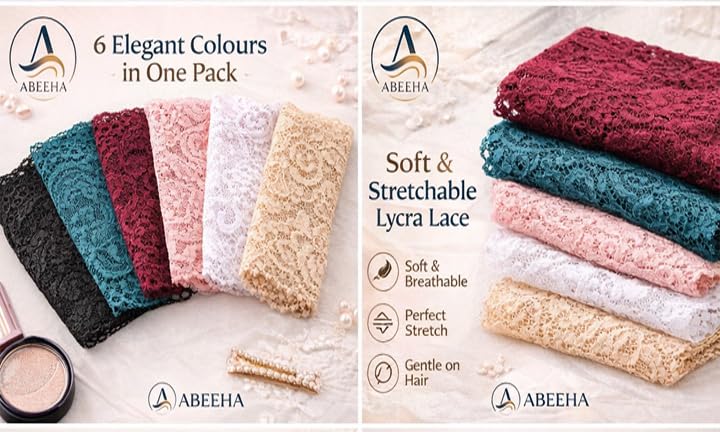 Image of ABEEHA Lace Head Band for Women, Lycra Stretch Hair Band, Multicolor Floral Lace, Soft & Comfortable, Hijab Styling Use, Pack of 6