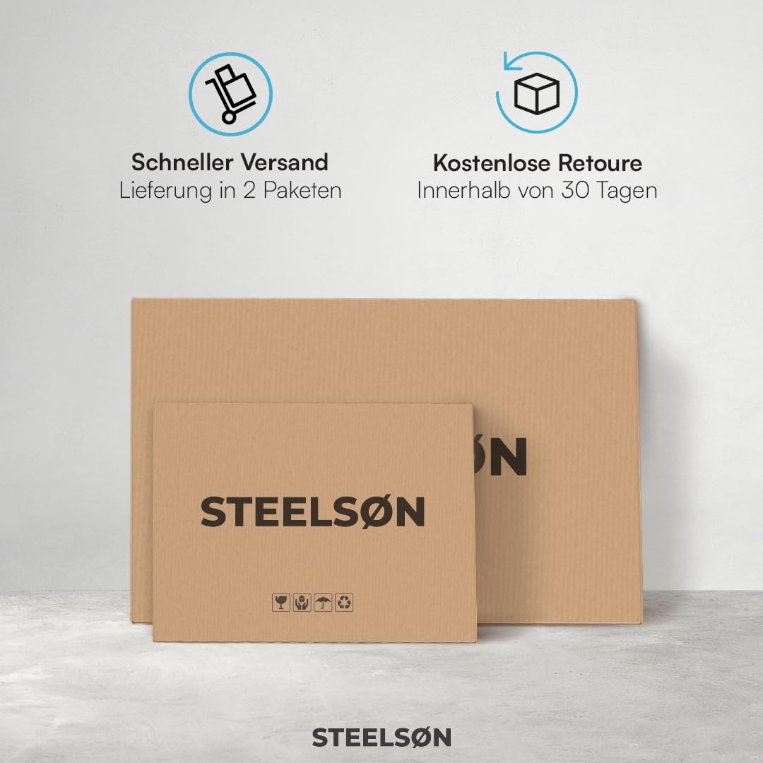 STEELSØN Kynaris Essgruppe 3-teilig schwarz – Balkonset mit 2 Stühlen und Tisch – Gartengarnitur wetterfest – Rattan Sitzgruppe mit klappbaren Stühlen – Terrassenmöbel Set mit Glasplatte & Sitzkissen