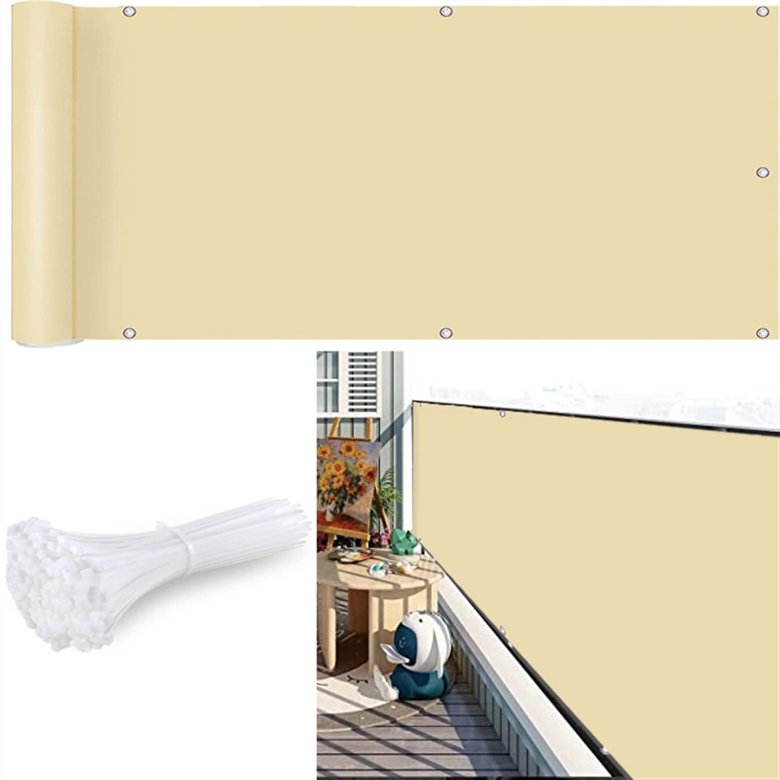 CHBIN Balcony Screen Privacy Fence Cover 70x300cm UV Protection Sun Wind With Eyelets with Bindings & Grommets for Deck, Patio, Backyard Shield 90%,Outdoor Events, Beige
