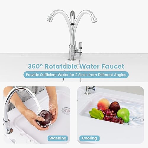 Miniatura 5 de Goplus Mesa plegable de limpieza de peces con doble lavabo de agua mesa de filete resistente con gancho de manguera fregadero y grifo estación